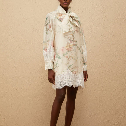 Stefania Mini Dress Neutrals Lace Floral Print Frayed Edges Long Sleeves Thigh Length Terylene Fiber