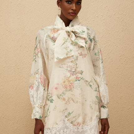 Stefania Neutrals Floral Mini Dress with Lace Trim and Bow-Tie Design