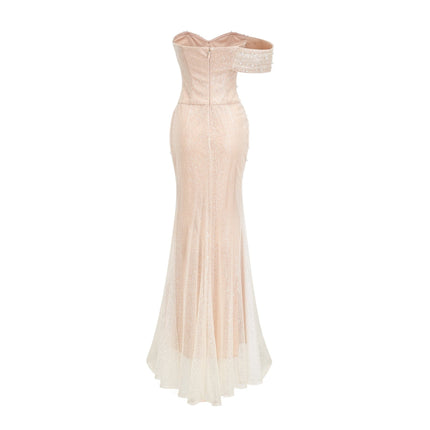 Stefania Neutrals Maxi Dress Sequin Faux Pearl Embellishments Polyester Elegant Evening Gown