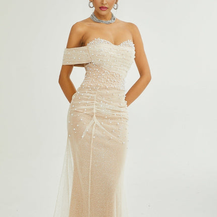 Stefania Neutrals Maxi Dress with Sequin and Faux-Pearl Embellishments