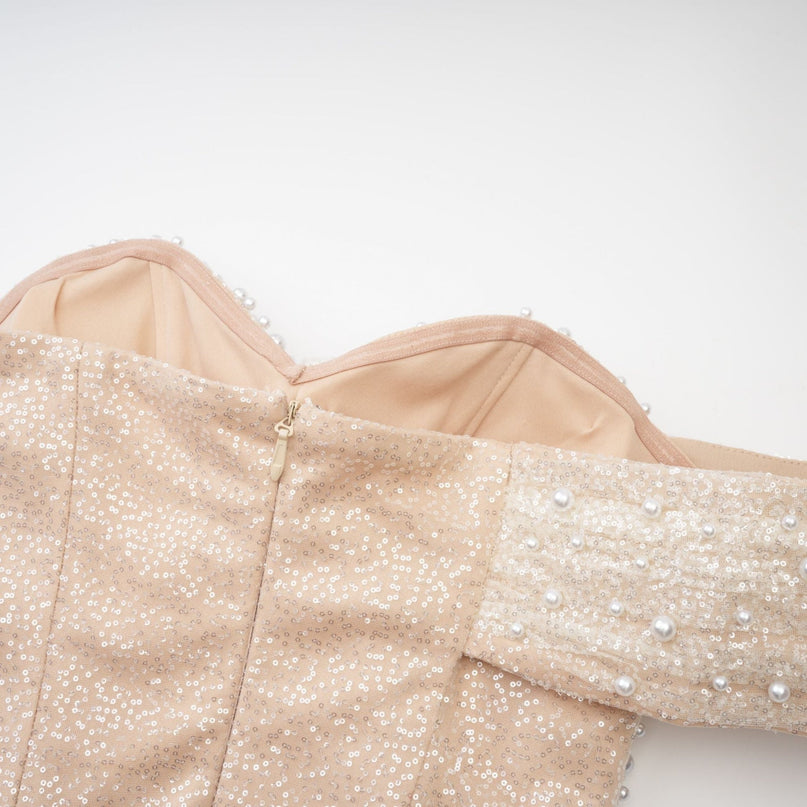Stefania Neutrals Maxi Dress with Sequin and Faux-Pearl Embellishments