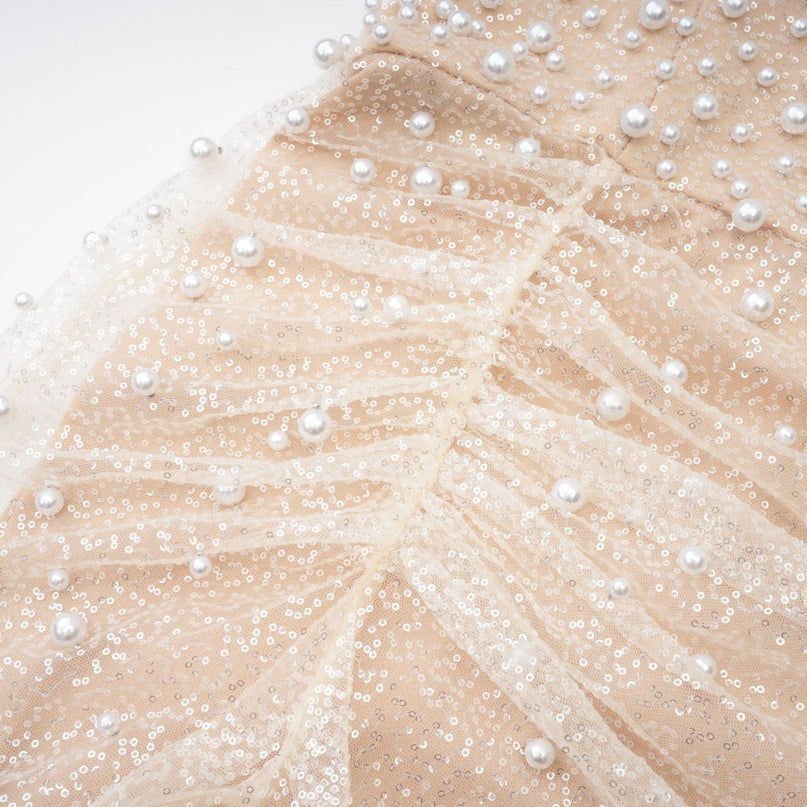Stefania Neutrals Maxi Dress with Sequin and Faux-Pearl Embellishments