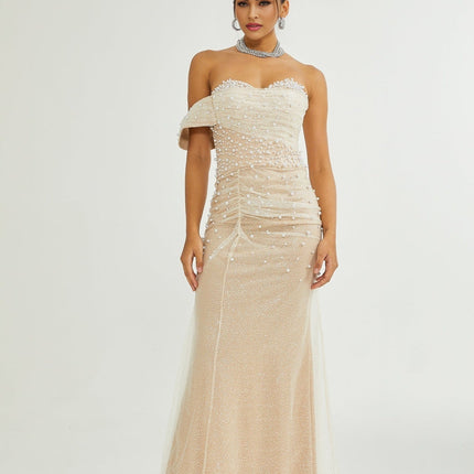 Stefania Neutrals Maxi Dress Polyester Sequin Faux-Pearl Embellishments