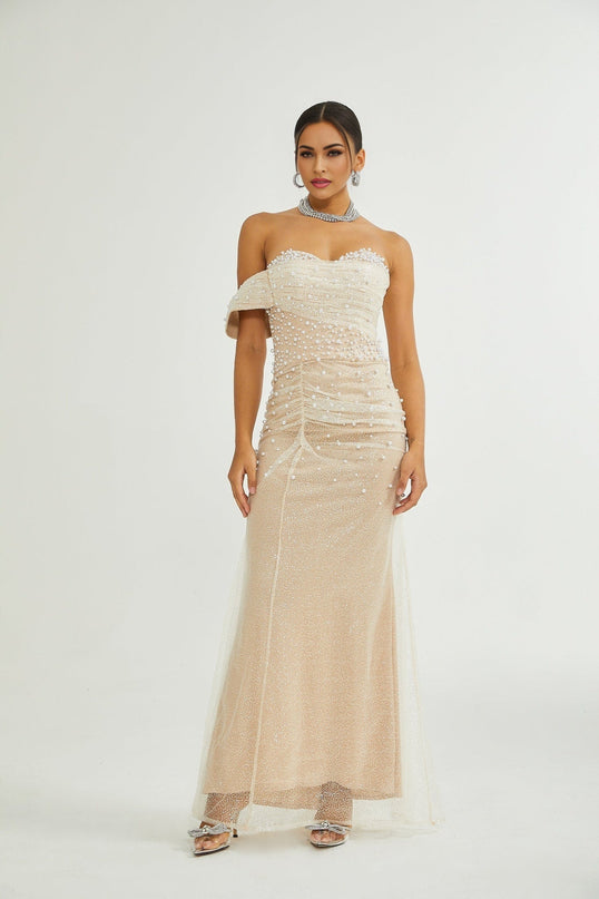 Stefania Neutrals Maxi Dress Polyester Sequin Faux-Pearl Embellishments