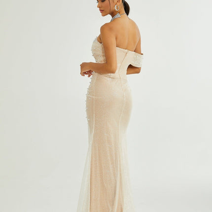 Stefania Neutrals Maxi Dress 100 Percent Polyester Sequin Faux-Pearl Embellishments Off-the-Shoulder Elegant Evening Gown Layered Design Gathered Detailing Rear Zip Fastening Sophisticated Luxury Special Occasion Glamour