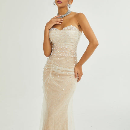 Stefania Neutrals Layered Maxi Dress Sequin Faux Pearl Embellishments