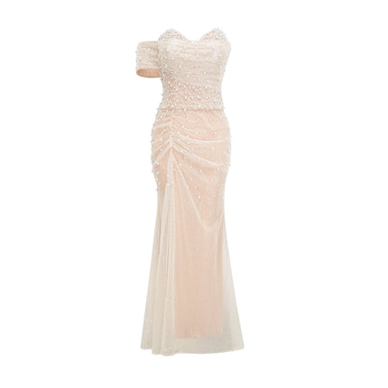 Stefania Neutrals Maxi Dress Elegant Layered Sequin Faux-Pearl Embellishments Polyester Special Occasion