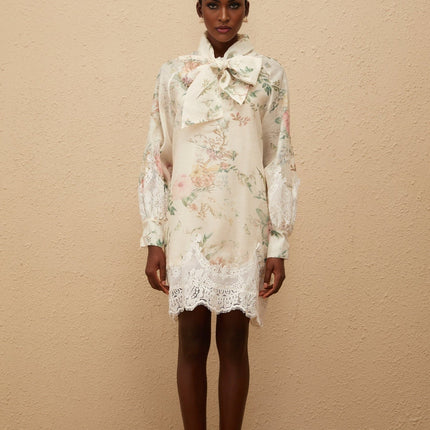 Stefania Neutrals Mini Dress with Bow-Tie Design and Floral Print