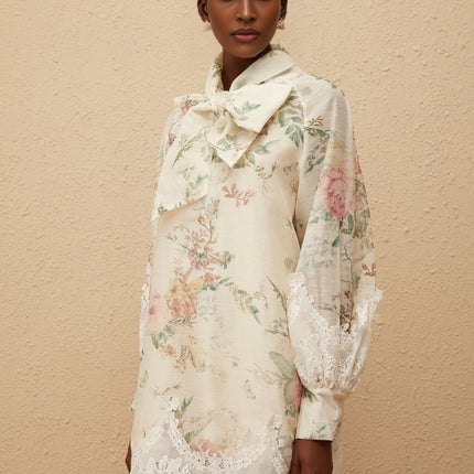 Stefania Neutrals Mini Dress with Neck Bow-Tie and Floral Print