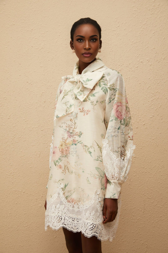 Stefania Neutrals Mini Dress with Neck Bow-Tie and Floral Print