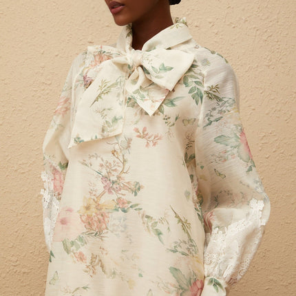 Stefania Neutrals Mini Dress with Neck Bow-Tie Design and Floral Print
