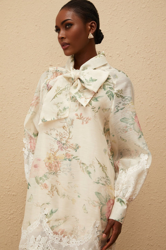 Stefania Neutrals Mini Dress with Neck Bow-Tie Design and Floral Print