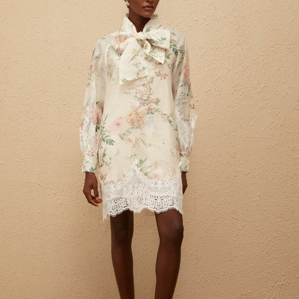 Stefania Neutrals Mini Dress Lace Trim Floral Print Frayed Edges Long Sleeves Thigh Length Eco-Friendly