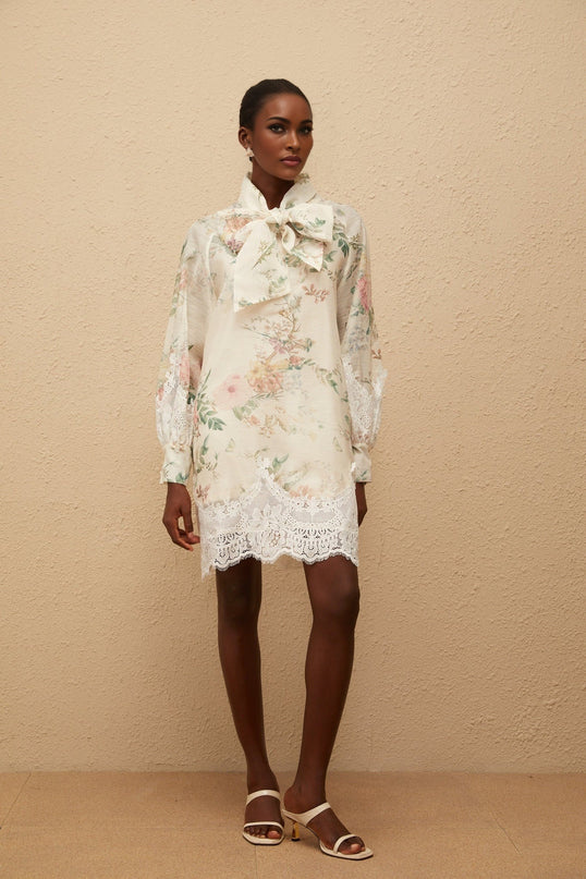 Stefania Neutrals Mini Dress Lace Trim Floral Print Frayed Edges Long Sleeves Thigh Length Eco-Friendly