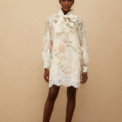 Stefania Neutrals Mini Dress Lace Trim Floral Print Frayed Edges Long Sleeves Thigh Length Eco-Friendly