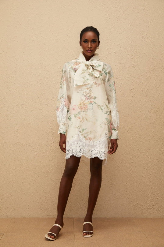 Stefania Neutrals Mini Dress Lace Trim Floral Print Frayed Edges Long Sleeves Thigh Length Eco-Friendly