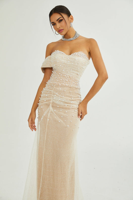 Stefania Neutrals Sequin Faux Pearl Maxi Dress