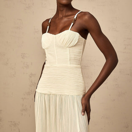 Stefania Neutrals Sweetheart Neck Maxi Dress with Pleated Detailing and Side Slit