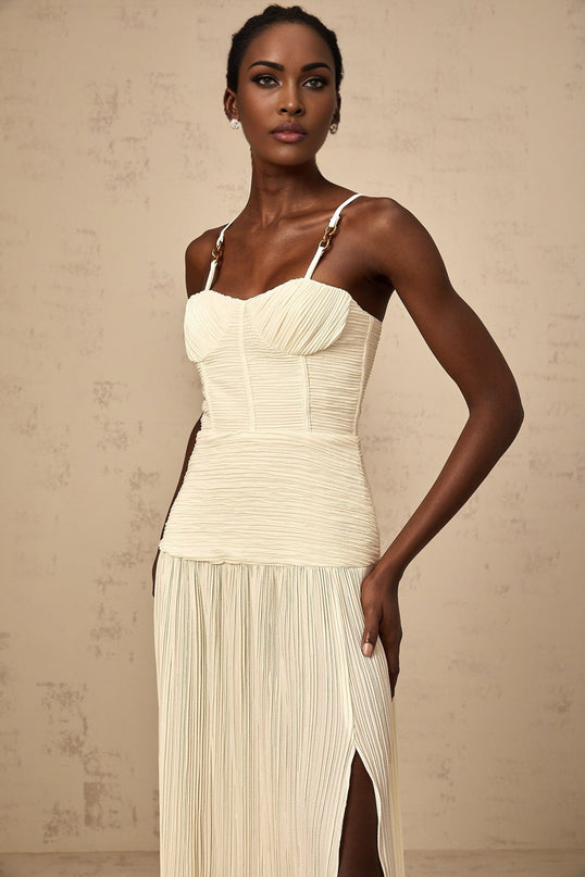 Stefania Neutrals Sweetheart Neck Maxi Dress with Pleated Detailing and Side Slit