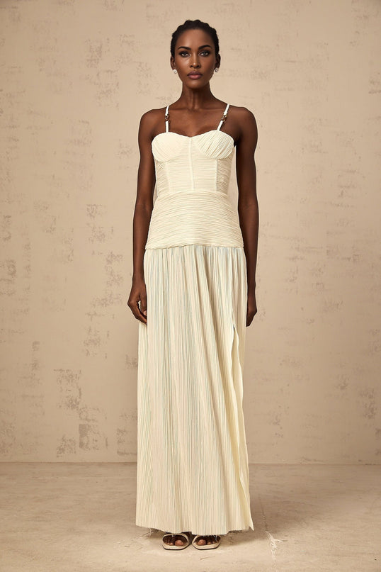 Stefania Neutrals Sweetheart Neck Maxi Dress Terylene Fiber