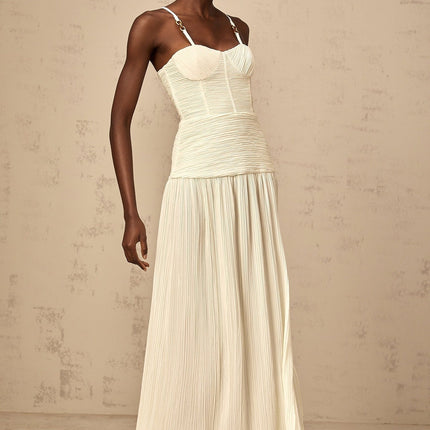 Stefania Neutrals Sweetheart Neck Maxi Dress with Pleated Detailing and Side Slit