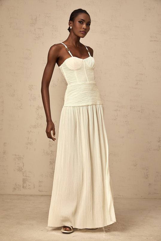 Stefania Neutrals Sweetheart Neck Maxi Dress with Pleated Detailing and Side Slit
