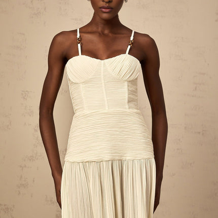 Stefania Neutrals Sweetheart Neck Maxi Dress with Pleated Detailing and Side Slit