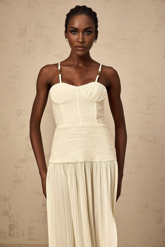 Stefania Neutrals Sweetheart Neck Maxi Dress with Pleated Detailing and Side Slit