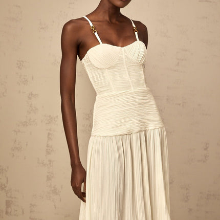 Stefania Neutrals Sweetheart Neck Maxi Dress with Pleated Detailing and Side Slit