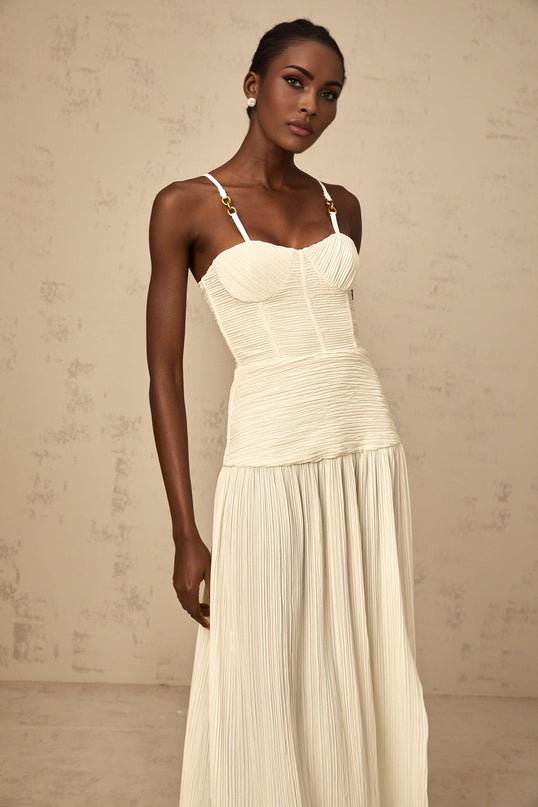 Stefania Neutrals Sweetheart Neck Maxi Dress with Pleated Detailing and Side Slit