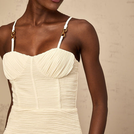 Stefania Neutrals Sweetheart Neck Maxi Dress with Pleated Detailing and Side Slit