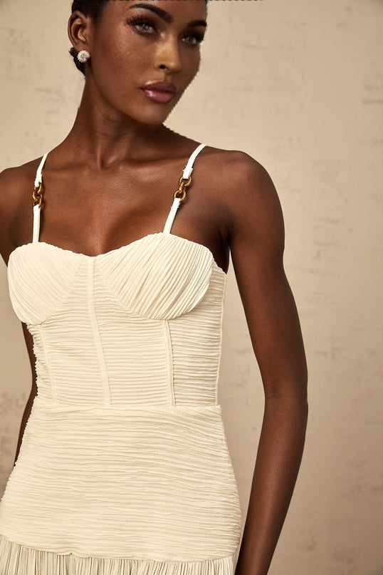 Stefania Neutrals Sweetheart Neck Maxi Dress with Pleated Detailing and Side Slit