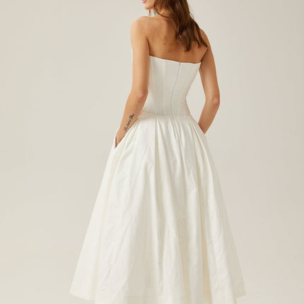 Stefania White Corset Midi Dress with Pleated Detailing and Side Pockets