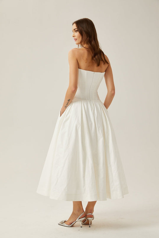 Stefania White Corset Midi Dress with Pleated Detailing and Side Pockets
