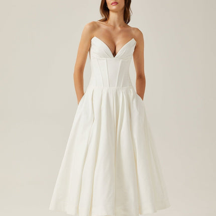 Stefania White Corset Midi Dress with Pleated Detailing and Side Pockets