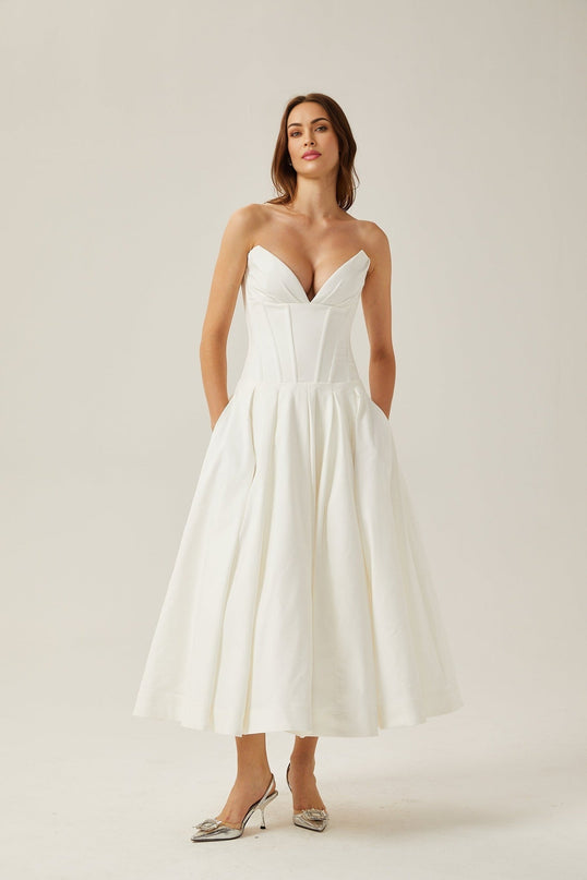 Stefania White Corset Midi Dress with Pleated Detailing and Side Pockets