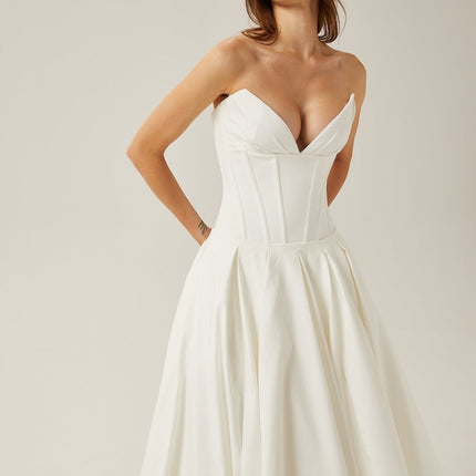 Stefania White Corset Style Midi Dress with V-Neckline and Pleated Detailing