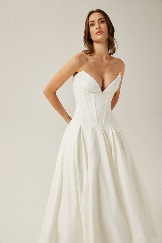 Stefania White Corset Style Midi Dress with V-Neckline and Pleated Detailing