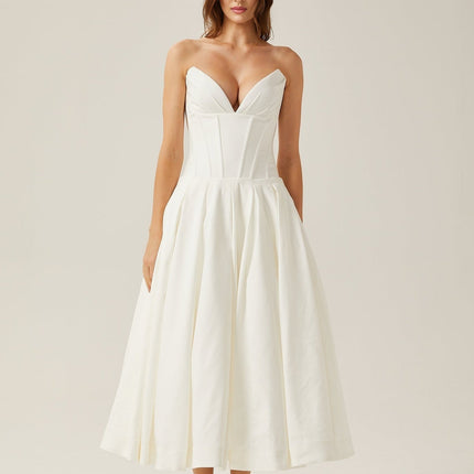 Stefania White Midi Dress with Off-the-Shoulder Design and Corset Bodice
