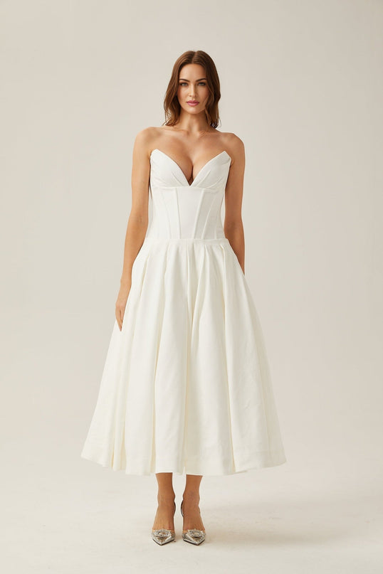 Stefania White Midi Dress with Off-the-Shoulder Design and Corset Bodice