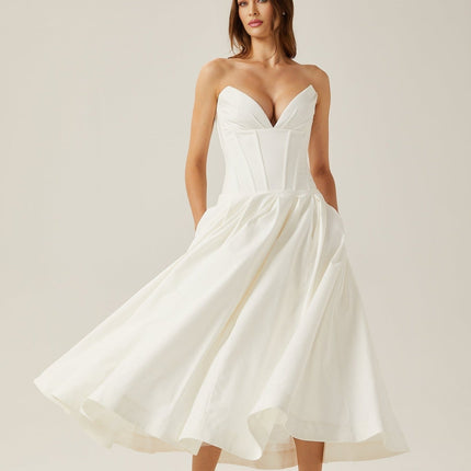 Stefania White Midi Dress with Off-the-Shoulder Design and Corset Bodice