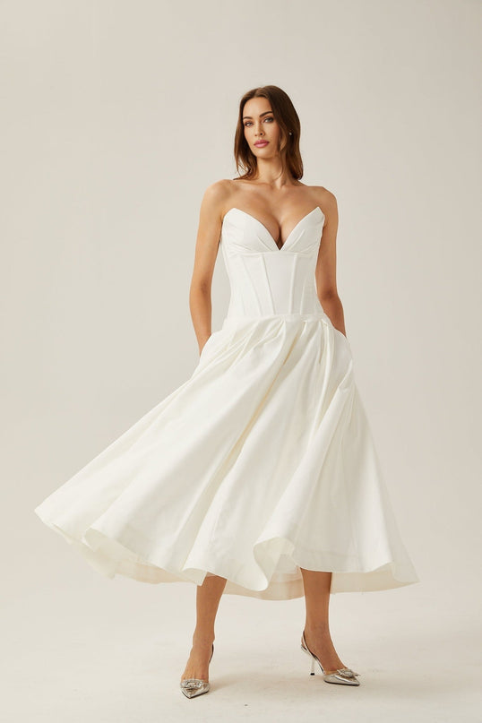 Stefania White Midi Dress with Off-the-Shoulder Design and Corset Bodice