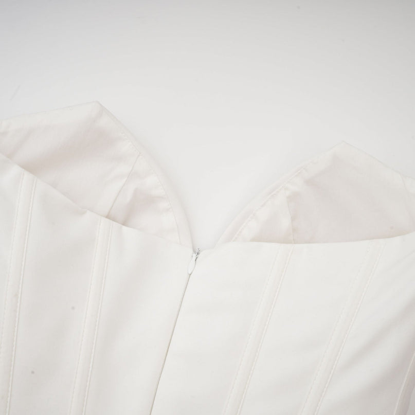 Stefania White Midi Dress Corset Style V-Neckline Sleeveless Pleated Detailing Side Pockets Rear Zip Fastening Luxury Blend Fabric