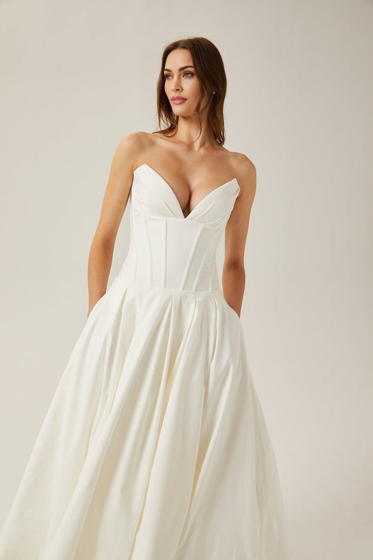 Stefania White Midi Dress with Off-the-Shoulder Design and Corset Bodice