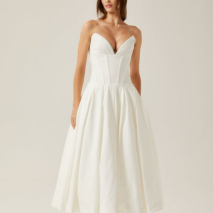 Stefania White Midi Dress with Off-the-Shoulder Design and Corset Style Bodice