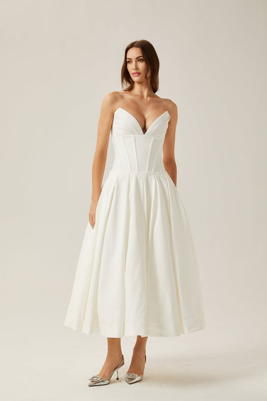 Stefania White Midi Dress with Off-the-Shoulder Design and Corset Style Bodice
