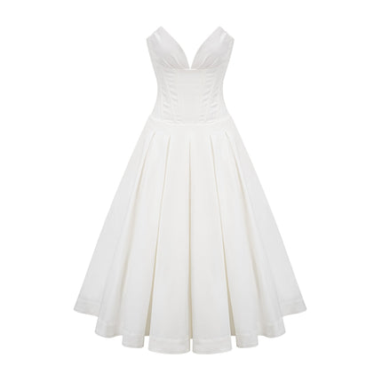 Stefania White Midi Dress V-neckline Corset Bodice Pleated Detailing Side Pockets Sleeveless Zip Fastening Luxurious Statement Piece