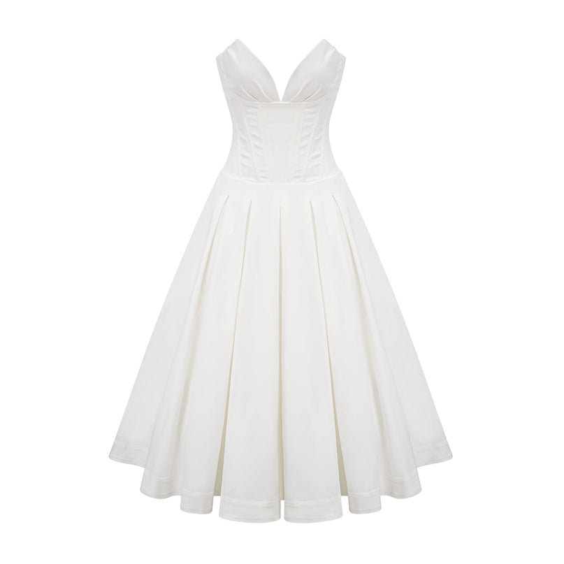 Stefania White Midi Dress V-neckline Corset Bodice Pleated Detailing Side Pockets Sleeveless Zip Fastening Luxurious Statement Piece