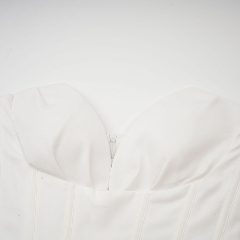 Stefania White Midi Dress Corset Bodice Pleated Detailing V-Neckline Sleeveless Zip Fastening