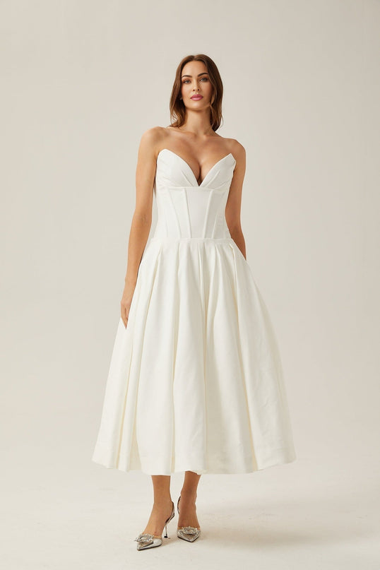 Stefania White Midi Dress with Off-the-Shoulder Design and Corset Bodice
